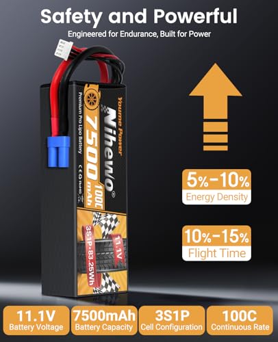3S Lipo Battery 7500mAh 11.1V 100C Hardcase EC5 for RC Car Boat 2pcs | 11.1V RC Battery Hard Case Protects Cells from Impacts, 7500mAh Extended Runtime, for 1/7 1/8 RC Car Truck Truggy Boat Drone - style: 2x 11.1V 7500mAh