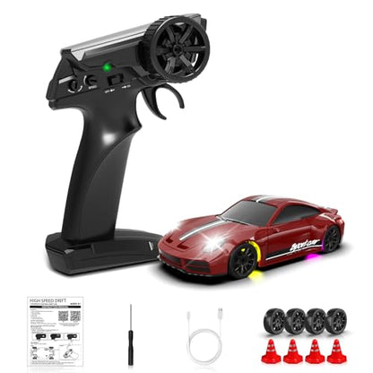 1/43 RC Drift Car, Mini Drifting RC Car with Gyro 2.4GHz Full Proportional Drift Cars 4WD RTR Remote Control Cars with Colorful Lights High Speed Fast Racing Vehicle Gift for Kids Boys Adults - color: Red B