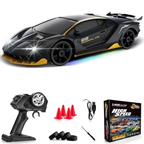 RC Drift Car 1:24 Remote Control Car 4WD 15KM/H High Speed Racing Sport Car with LED Lights RC Cars Toy for Kids Boys Girls Adults Gifts Birthday Christmas - color: Black-1