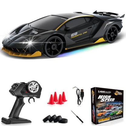 RC Drift Car 1:24 Remote Control Car 4WD 15KM/H High Speed Racing Sport Car with LED Lights RC Cars Toy for Kids Boys Girls Adults Gifts Birthday Christmas - color: Black-1