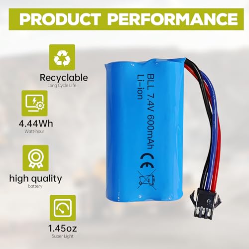 sea jump 2PCS 7.4V 600mah 2S Li-ion Battery with SM-3P Plug and USB Charging Cable Suitable for DE82 TK3086B G20601 RC Toy RC Car TK-3082B Special Effects Flipping Car Battery