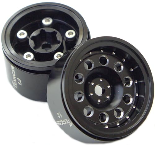 RC 1.0 Beadlock Wheels Offsets -2 Aluminum Rims for AX24 1/18 TRX4M All 1/24 Scale SCX24 Deadbolt RC Crawler Car Wheels Upgrades 4Pc (Black) - color: Black