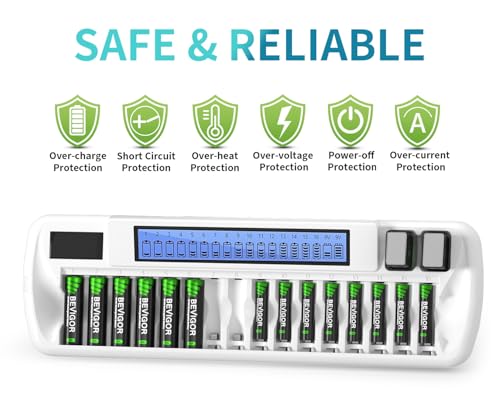 BEVIGOR AA AAA Battery Charger, Batteries Not Included | 16+2 Slot Independent Charging, 16 Slot For AA AAA 2 Slot For 9V NiMH NiCD Rechargeable Batteries, LCD Display, AC Input - size: 18 Bay Charger