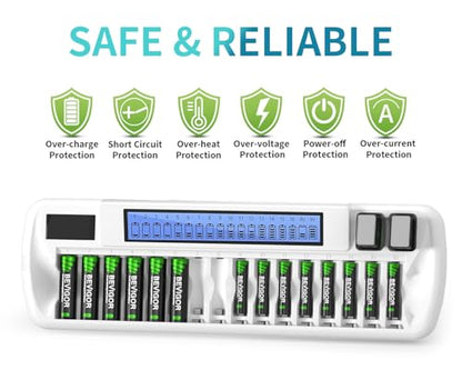 BEVIGOR AA AAA Battery Charger, Batteries Not Included | 16+2 Slot Independent Charging, 16 Slot For AA AAA 2 Slot For 9V NiMH NiCD Rechargeable Batteries, LCD Display, AC Input - size: 18 Bay Charger