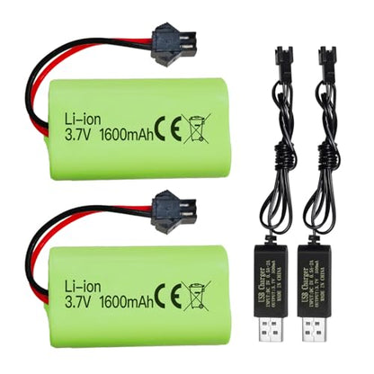 sea jump 2PCS 3.7V 1600mAh Li-ion Battery SM-2P Plug with USB Charging Cable for 9962 8837 Remote Control Toy Car, Engineering Vehicle, and Truck Backup Battery