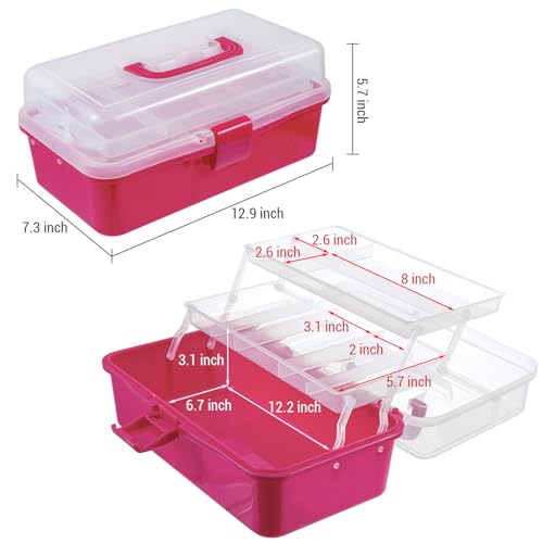 MyGift 13-Inch Dark Pink Plastic Craft Organizer and Storage Box – Clear Carrying Case with Latching Lid & 2 Expandable Trays for Sewing, Tools, First Aid, and Art Supplies - color: Fuscia