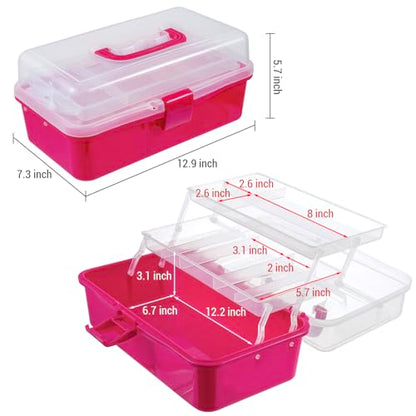 MyGift 13-Inch Dark Pink Plastic Craft Organizer and Storage Box – Clear Carrying Case with Latching Lid & 2 Expandable Trays for Sewing, Tools, First Aid, and Art Supplies - color: Fuscia