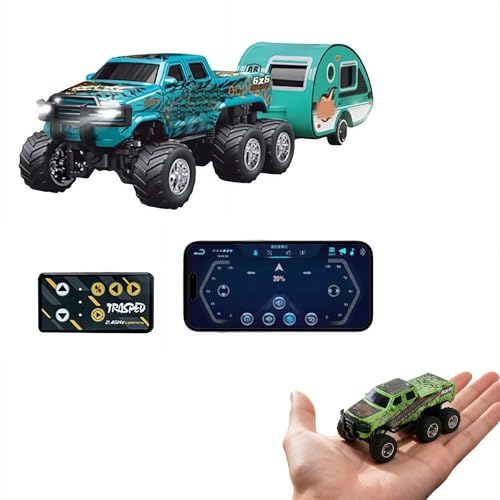 Mini Rc Truck,1/64 Scale Mini Remote Control Monster Truck with Trailer, 2.4Ghz Remote Control & APP, Rechargeable Alloy Shell RC Cars with Lights, Speed/Steering Adjustable (Blue) - color: Blue