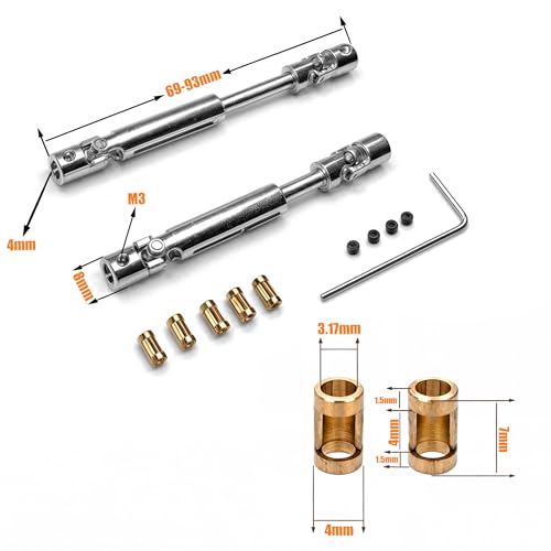 MN78 Metal RC Drive Shaft 69mm-93mm with 3mm to 4mm Shaft Sleeve for MN78 MN-78 MN 78 1/12 Crawler Car Upgrade Universal Parts Accessories (Silver)