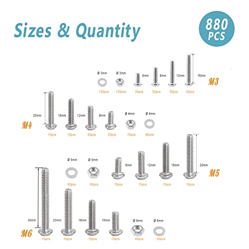 Kadrick 340 Stainless Steel Screws,880 Pcs Metric Screw Aassortment M6 M5 M4 M3,6mm-30mm Hex Socket Button Head Bolts Nuts Washers Kit with 4 Hex Wrenches - size: SS M3-M6 880Pcs