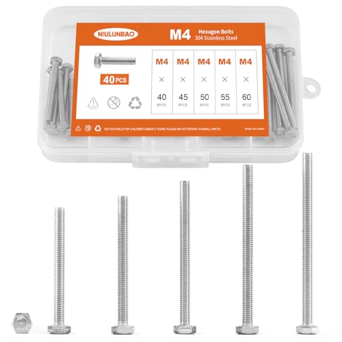 M4 x 40mm 45mm 50mm 55mm 60mm Heavy Duty Hexagon Bolts Hex Head Screws, 304 Stainless Steel, Metric Machine Fully Threaded, Bright Finish, Assortment Kit 40PCS - size: M4 x 40/45/50/55/60mm (40PCS)