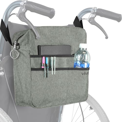 Vive Wheelchair Bag - Machine Washable, Double-Stitched, Water-Resistant Accessory Backpack for Rollators, Wheel Chairs, Walkers - Pouch with XL Pockets & Straps for Quick Installation - color: Grey