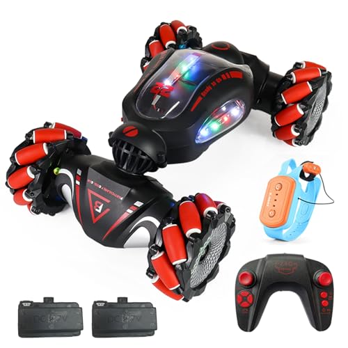 HUIOP Stunt Car 2.4GHz Car Spray Car with Function Lateral Movement,Breathing Light,Deformation,Double-Sided Driving,Wrist Watch-Dual - color: Red, size: 2 battery