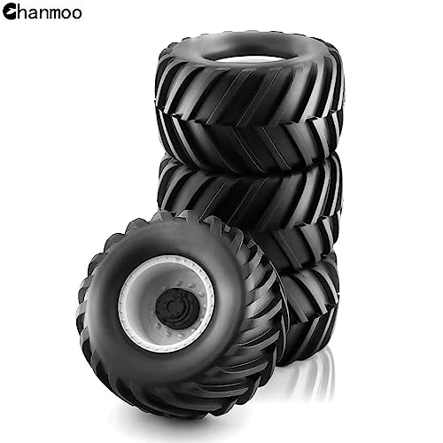 1/10 RC Monster Truck Tires and Hard Plastic Wheels Rims 12mm Hex Rubber Buggy Off Road Tyres with Foam for 1:10 Scale Truck Car Traxxas VXL 2WD Hoss 4x4 HSP HPI Tamiya Kyosho 4PCS (White) - color: White