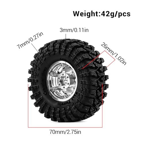 1.3" Pre-Assembled Beadlock Wheels and Tires 70mm (2.75in) for SCX24 TRX4M 1/18 1/24 RC Crawlers – Aluminum Rims, Soft Rubber Tires with Foam Inserts, Easy-Install Upgrade Parts (Silver) - color: Silver