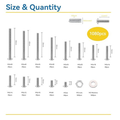 1080 Pcs M3 Screw Assortment, M3*6mm, 8mm, 10mm, 12mm, 14mm, 16mm, 18mm, 20mm, 25mm, 30mm, 35mm, 40mm, 50mm, Stainless Metric Hex Socket Button Head Screws Nuts and Washers with Wrench - size: Hex Socket Button Head