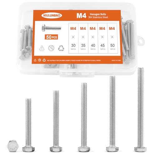M4 x 30mm 35mm 40mm 45mm 50mm Heavy Duty Hexagon Bolts Hex Head Screws, 304 Stainless Steel, Metric Machine Fully Threaded, Bright Finish, Assortment Kit 50PCS - size: M4 x 30/35/40/45/50mm (50PCS)