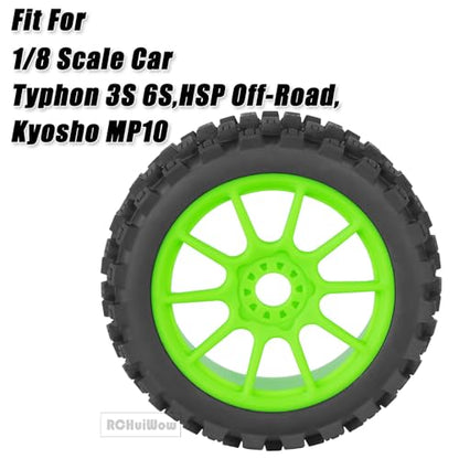 RC Buggy Tires 17mm Hex Wheels and Tires for 1/8 Scale Car Typhon 3S 6S,HSP Off-Road,Kyosho MP10,1/8 Scale RC Buggy Wheels & Rubber Tires,Green - color: Green(4pcs)