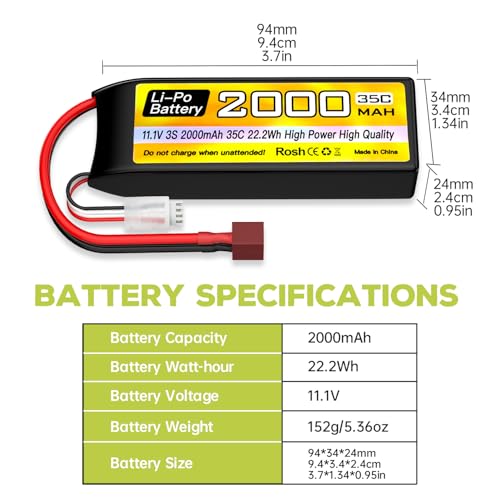 sea jump 3S Lipo Battery 11.1V 2000mAh 35C with T Plug and USB Charging Cable Suitable for RC Car Truck Boat， RC Quadcopter Aircraft, FPV Drone Battery
