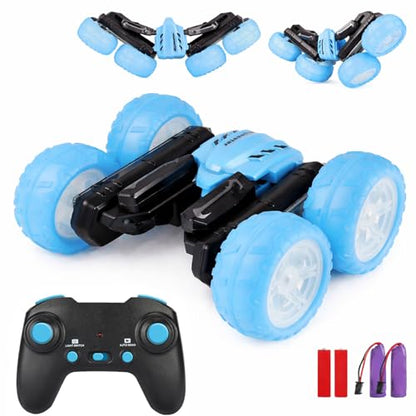 Remote Control Car for Kids, 360° Rotating Stunt Car, Double-Sided Driving, 2.4GHz RC Car, Rechargeable All-Terrain Toy, LED Glowing Wheels with Projection, for Boys & Girls Ages 4-8 - color: Blue