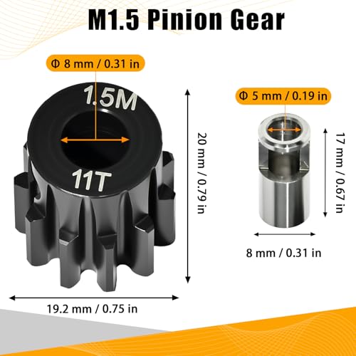 M1.5 11T Pinion Gear 8mm Bore with 8mm to 5mm Shaft Adapter Sleeve, Chromium Steel Motor Gear with Set Screw & Hex Key for Traxxas ARRMA Losi 1/5 1/8 RC Cars - size: 11T