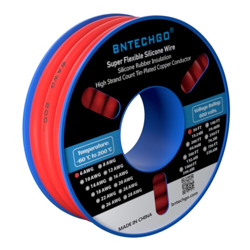 BNTECHGO 6 Gauge Silicone Wire Red 50ft Stranded Tinned Copper Wire | Flexible 6 AWG Stranded Wire Silicone Rubber Insulation For RC Models, Drone, Robot, Battery, EV Charger, 3D Printer, DIY - size: 50ft Red