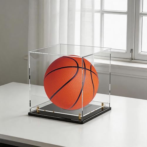Acrylic Display Case with Raised Shelf & Ball Holder, Clear Display Box with Black Base & Gold Standoffs, Dustproof Showcase for Fullsize Basketball – Easy Assembly (12×12×12 Inch) - size: 12"L x 12"W x 12"H (with Ball Position)