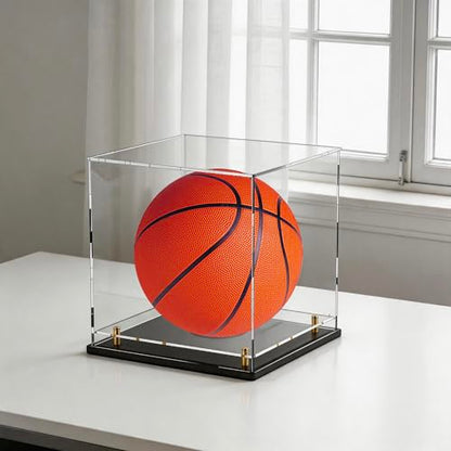 Acrylic Display Case with Raised Shelf & Ball Holder, Clear Display Box with Black Base & Gold Standoffs, Dustproof Showcase for Fullsize Basketball – Easy Assembly (12×12×12 Inch) - size: 12"L x 12"W x 12"H (with Ball Position)