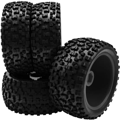4Pack HIRCQOO OD 88mm/3.46" Front and Rear Rubber Tire Tyre & Plastic Wheel Rims 12mm Hex Hub Compatible with Redcat HPI HSP ExceedRC Kyosho Losi 1/10 Scale Off Road Buggy (Black) - color: Black