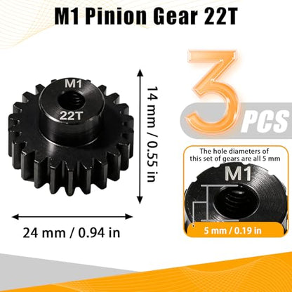M1 Gear 22T 5mm Bore 3-Pack – High-Precision Hardened Steel Motor Pinion Gear for 1/8 1/10 RC Crawler, Monster Truck, Short Course Truck & Boat (Compatible with Traxxas Axial, FMS, HSP Redcat Losi) - style: M1 3Pcs 22T