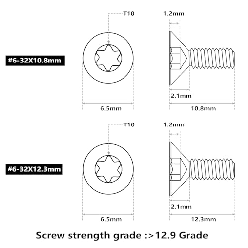 ohhunt 60 Pcs 6-32x5.5mm/5mm/8.55mm/9.5mm/10.8mm/12.3mm Alloy Steel Flat Head Screw for Red Dot Sight