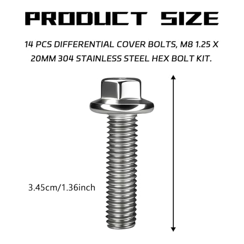 Differential Valve Cover Bolts M8 1.25 x 20mm 14PCS Rear Differential Valve Cover Bolts Stainless Steel Toothed Flanged Metric Hex Bolt Screws Replacement Parts Kit Suitable for Most Cars