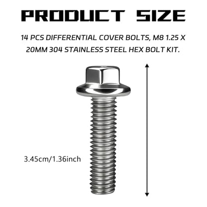 Differential Valve Cover Bolts M8 1.25 x 20mm 14PCS Rear Differential Valve Cover Bolts Stainless Steel Toothed Flanged Metric Hex Bolt Screws Replacement Parts Kit Suitable for Most Cars
