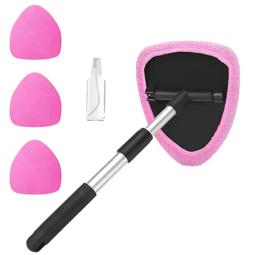 Car Window Cleaner, Car Cleanser Brush, Car Accessories Car Cleaning Supplies Tools, Car Cleaning Kit with Extendable Handle, Microfiber Cloth, Spray Bottle, Fits All Cars (Pink) - color: Pink