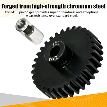 M1.5 32T Pinion Gear 8mm Bore with 8mm to 5mm Shaft Adapter Sleeve, Chromium Steel Motor Gear with Set Screw & Hex Key for Traxxas ARRMA Losi 1/5 1/8 RC Cars - size: 32T
