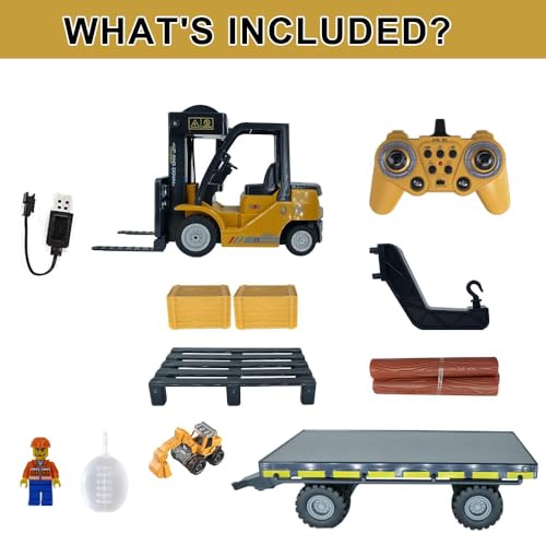 KNACKTOYZ Remote Control Forklift with Flatbed Truck, 11 Channel RC Forklifts with Spray, Cool Lights & Sound, 2 in 1 Lift Fork & Hook, Crane Construction Toys for Boys, Birthday Gift for Kids 3+