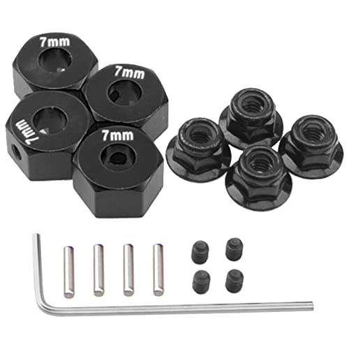 Metal 12mm Hex Wheel Hubs 7mm Thick Drive Adapters with Flanged Lock Nuts Compatible with Traxxas 1/10 4WD Rustler Slash Stampede RC Car，Replace Part 1654 (Black) - color: Black