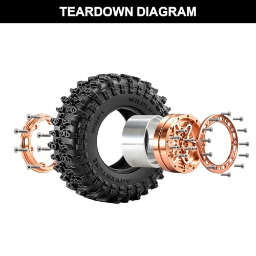 1.3" Pre-Assembled Beadlock Wheels and Tires 64mm (2.52in) for SCX24 TRX4M 1/18 1/24 RC Crawlers – Aluminum Rims, Rubber Tires with Foam Inserts, Easy-Install Upgrade Parts (Gold) - color: Gold 311