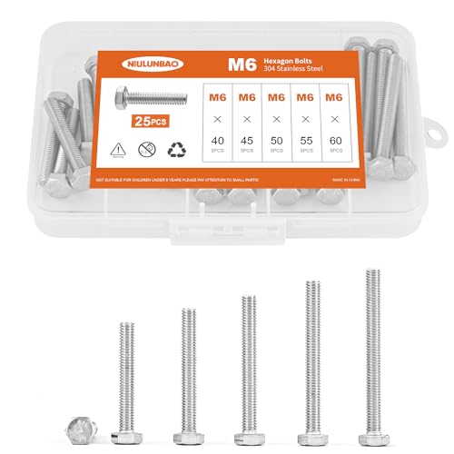 M6 x 40mm 45mm 50mm 55mm 60mm Heavy Duty Hexagon Bolts Hex Head Screws, 304 Stainless Steel, Metric, Machine Fully Thread, Bright Finish, Assortment Kit 25PCS - size: M6 x 40/45/50/55/60mm (25PCS)