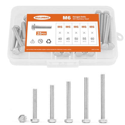 M6 x 40mm 45mm 50mm 55mm 60mm Heavy Duty Hexagon Bolts Hex Head Screws, 304 Stainless Steel, Metric, Machine Fully Thread, Bright Finish, Assortment Kit 25PCS - size: M6 x 40/45/50/55/60mm (25PCS)