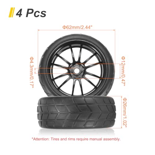 uxcell 4-Pair High-Grip RC Car Tire & Wheel Set for 1/10 Scale On-Road Touring Cars - Soft Rubber Tyres with 12mm Hubs, Black, Type H