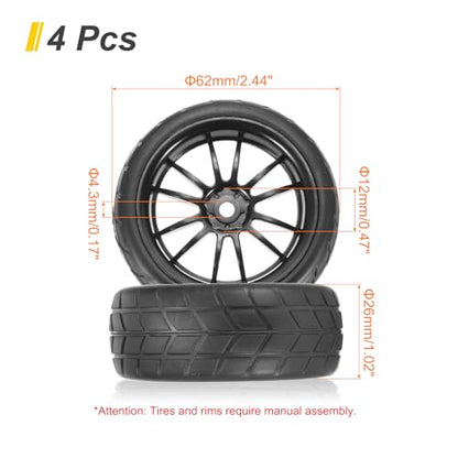 uxcell 4-Pair High-Grip RC Car Tire & Wheel Set for 1/10 Scale On-Road Touring Cars - Soft Rubber Tyres with 12mm Hubs, Black, Type H