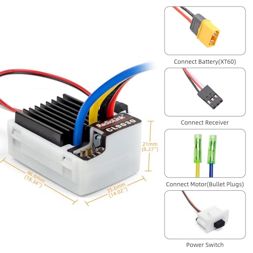 Radiolink Cool 9030 ESC 90A Brushed (2-4S) Waterproof Built-in BEC 5A Selectable 5.5V/7.5V for 1/10 RC Truck Crawlers Tanks Cars Bait Boats (XT60 Plug)