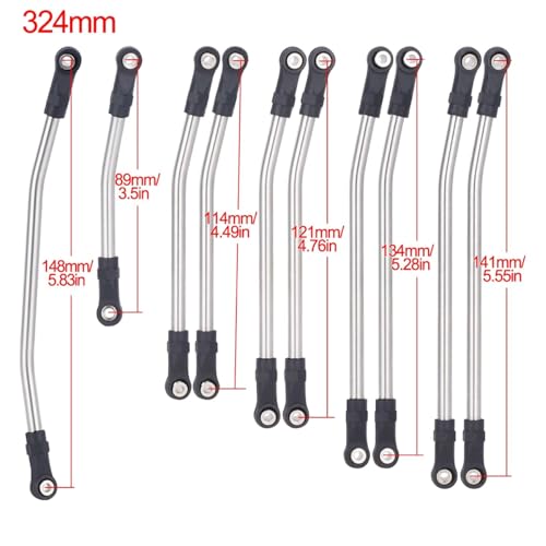 10Pcs Stainless Steel Links Rod Set with Ball End 313/324mm Wheelbase for 1/10 RC Crawler Car Axial SCX10 II 90046 Upgrade Parts (324mm)