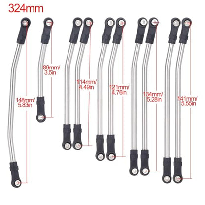 10Pcs Stainless Steel Links Rod Set with Ball End 313/324mm Wheelbase for 1/10 RC Crawler Car Axial SCX10 II 90046 Upgrade Parts (324mm)