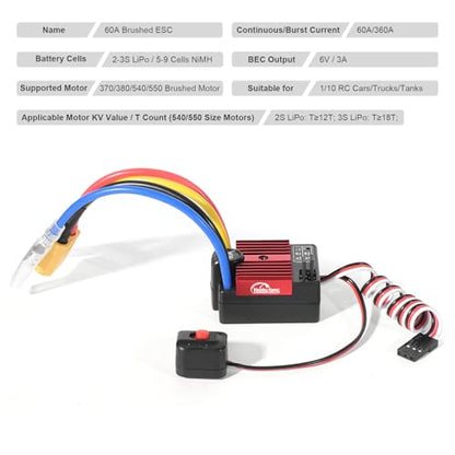 60A Brushed ESC 2-3S Electronic Speed Controller Waterproof ESC for 370 380 540 550 Brushed Motor 1/10 Remote Control Car Truck (Red) - color: Red