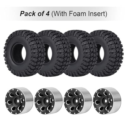 Hobbypark 1.0 Beadlock Wheels and Tires 4Pcs Metal Micro Crawler Tires with Extended Wheel Spacers Offsets for 1/24 RC Crawler Car Axial SCX24 90081 Deadbolt Truck