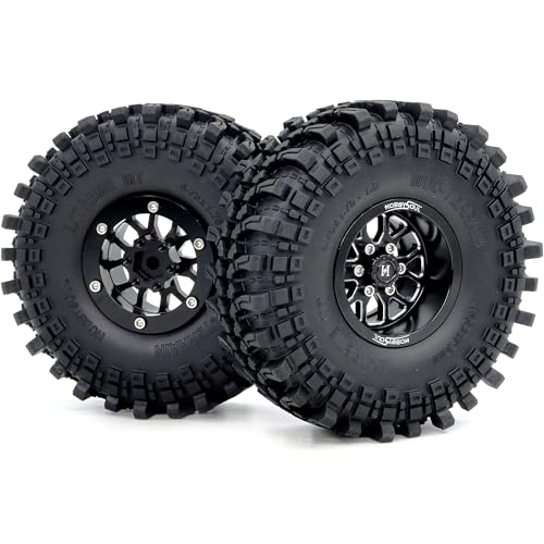 HOBBYSOUL 4pcs -10.5mm Negative Offset 1.9 Beadlock Wheels and Tires, 121mm Tall 1.9'' tyre and Rims for 1/10 RC Mud Crawler SCX10 TRX4 Gen8 Upgrades - color: Black