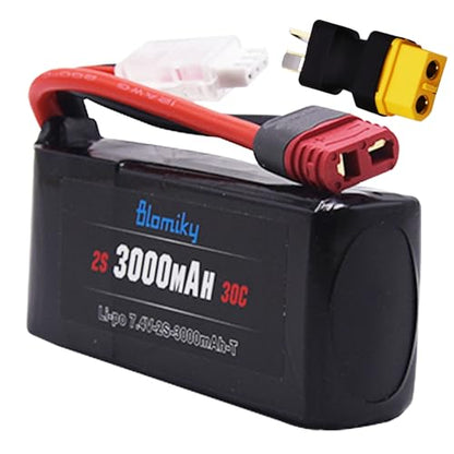 Blomiky 2 Pack 7.4V 2S 3000mAh Shorty T Plug Lipo Battery Pack with XT60 Converter Suitable for Wltoys 124019 144001 and Hyper Go H14BM 14211 14210 RC Trucks / 7.4V 3000mAh T