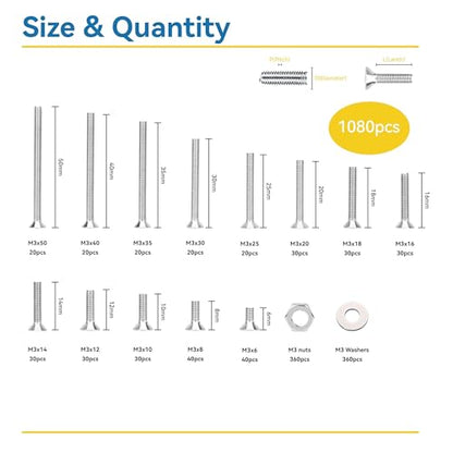 1080 Pcs M3 Screw Assortment, M3*6mm, 8mm, 10mm, 12mm, 14mm, 16mm, 18mm, 20mm, 25mm, 30mm, 35mm, 40mm, 50mm, Stainless Metric Hex Flat Head Countersunk Screws Nuts and Washers with Wrench - size: Hex Flat Head Countersunk
